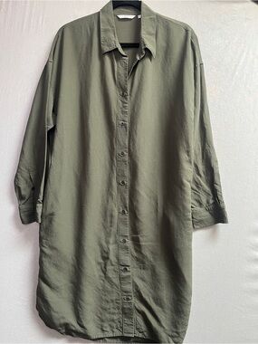 Uniqlo Linen Blend Oversized Olive Green Button Front Shirt Dress Size M